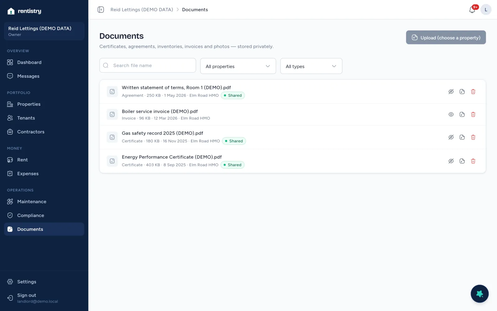 Rentistry Documents on demo data.