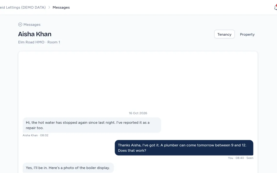 Rentistry Messages: the conversation with the tenant of Room 1, Elm Road HMO, on demo data.