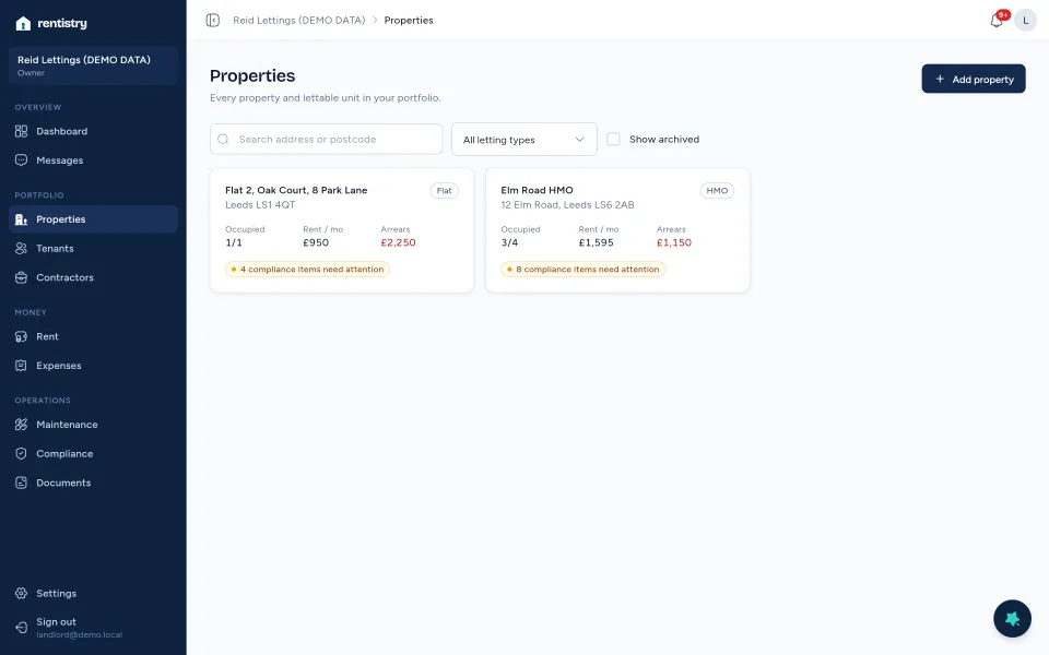 Rentistry Properties on demo data: two properties with occupancy, rent and arrears.