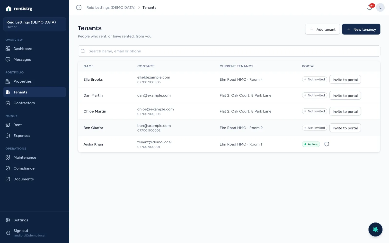 Rentistry Tenants on demo data.