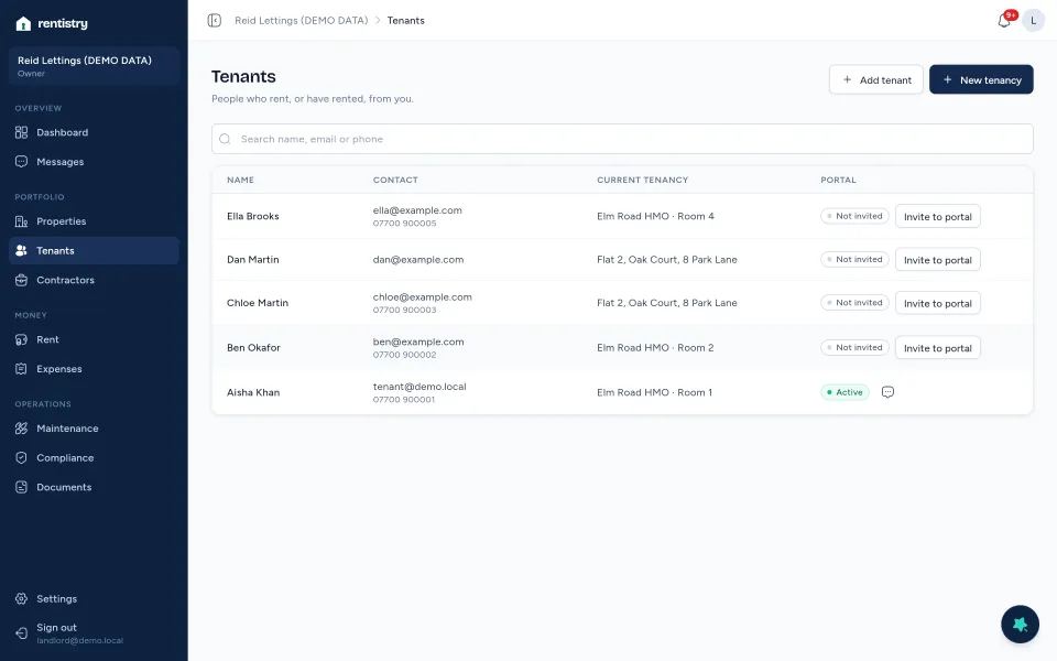 Rentistry Tenants on demo data.